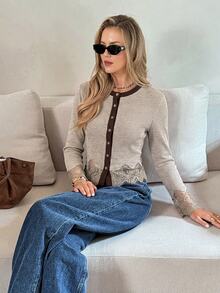 Serisse Women's Elegant Contrast Lace Trim Button Front Slim Fit Ribbed Knit Tee, Vintage Casual Long Sleeve Top, Fall Going Out Outfit - Apricot - View 8