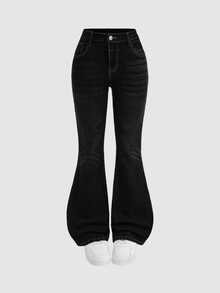 SHEIN Girlism 青少年女孩 Y2K 龐克復古刺繡翅膀與水鑽裝飾彈性喇叭牛仔褲 - 黑色 - 查看 3