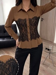 Modelyn 黑白設計蕾絲拼接襯衫領長袖修身女款時尚百搭優雅上衣 - 棕色 - 查看 9