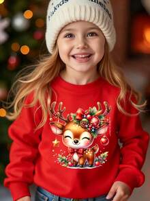 Christmas Girls Cartoon Cute Reindeer Gingerbread Man Decorative Pattern Printed Round Neck Sweatshirt Fall Outfits - Red - View 1