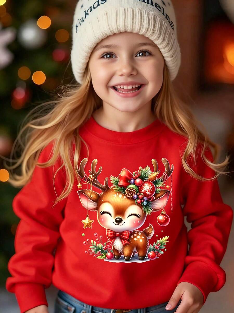 Christmas Girls Cartoon Cute Reindeer Gingerbread Man Decorative Pattern Printed Round Neck Sweatshirt Fall Outfits - Red - View 1