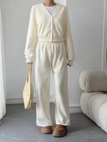 Livesso Women's Autumn/Winter Casual Daily Commute Minimalist Solid Color Single-Breasted Open Front Jacket And Drawstring Waist Thermal Lined Warm Pants 2 Pieces Set - Beige - View 6