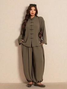 Elaquor Women's Plus Size Solid Color Long Sleeve Button Front Shirt And Wide Leg Pants Casual 2 Pieces Set Fall/Winter Casual Daily Going Out Office Sets - Army Green - View 3