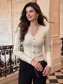 Vintamour Women's Solid Color Contrast Lace V-Neck Long Sleeve Metal Button Top - Apricot - View 1