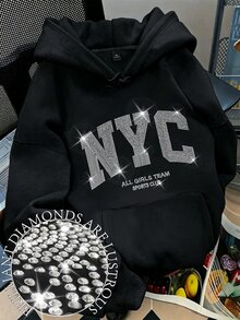 SHEIN MOOSTA Plus Size Women's Slogan Letter 'NYC ALL GIRLS TEAM SPORTS CLUB' City Name Graphic Print Thermal Drawstring Sweatshirt Winter Fall Autumn - Black - View 3
