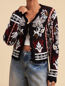 Travachic 2026 Autumn/Winter Totem Long Sleeve Single-Breasted Casual Knit Cardigan - Multicolor - View 3