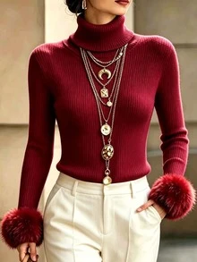 Franclia 女款毛絨拼接休閒百搭日常長袖T恤 - 紅色 - 查看 5