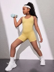 SHEIN 青少年女孩休閒無袖露背U領連身運動連身褲，春夏季瑜伽套裝 - 黃色 - 查看 2
