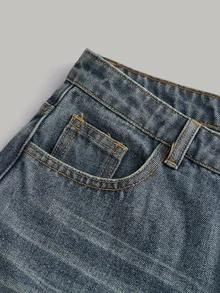 SHEIN Girlism 青少年女孩 Y2K 復古寬鬆寬腿牛仔褲 2000年代風格 春秋返校穿搭 - 深色水洗藍 - 查看 4