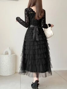FRIFUL Women's Lace Mesh Patchwork Casual Party Midi Dress - Black - View 2