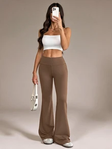 SHEIN Tall 女款純色修身百搭日常穿著喇叭褲 - 卡其色 - 查看 14