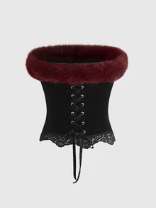 ROMWE Burgundy Fur Collar Black Velvet Drawstring Adjustable Tube Top Heart Eye Embroidery Gothic Dark Style Women's Top - Black - View 2