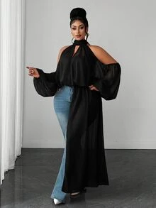 Maweii Plus Size Women's Solid Color Cold Shoulder Casual Daily Wear Blouse - Black - View 1