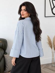 Modelyn Plus Size Women's Striped Casual Everyday Shirt - Blue and White - View 2