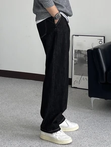 DAZY Celana Jeans Pria Model Washed dengan Kantong Kancing untuk Musim Semi/Gugur - Hitam - View 2