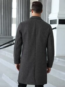 Manfinity Mode 男士商務風對比色拼接雙排扣大衣，高級長款羊毛外套，萬聖節聖誕節新年穿搭，送男友/丈夫的完美節日禮物，適合商務通勤與聚會 - 深灰色 - 查看 2