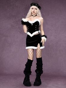 ROMWE Autumn/Winter New Year Christmas Gothic Velvet Patchwork Fuzzy Drawstring Design Cross Pendant Bandeau Top & Bodycon Slit Skirt 2 Pieces Set - Black and White - View 6