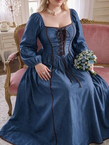 Lyrianda Plus Size Denim Effect Cinched Waist A-Line Dress - Royal Blue - View 3