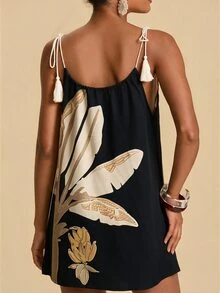 Travachic Women's Floral Print Tassel Tie Strap Vacation Cover-Up Dress - Multicolor - View 2