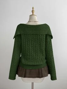 Elamini 女款白色休閒百搭通勤日常穿著經典麻花編織半鈕扣套頭毛衣，秋冬款 - 綠色 - 查看 2