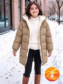SHEIN 1件少女中長版長袖加厚外套，內層抓絨，舒適保暖素色外套 - 棕色 - 查看 2