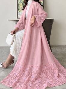 Yasmyna Women Spring Autumn Outfit Gentle Pink 3D Floral Beaded Open Abaya Elegant Flare Sleeve Maxi Cardigan For Family Gathering Engagement Wedding Guest - Pink - View 4