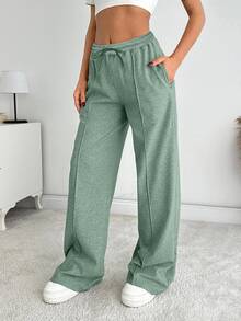 SHEIN Tall Women Solid Color Mid Waist Straight Sweatpants - Mint Green - View 4