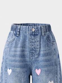 SHEIN Genkimix Kids 女童牛仔長褲 新季節可愛趣味風格 復古牛仔女郎牛仔風 淺藍色彈性腰頭 粉色白色愛心刺繡設計 貓鬍鬚 秋季 - 淺色水洗藍 - 查看 7