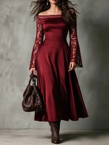 Velvienne Women's Plus Size Solid Color Collar Lace Patchwork Elegant Party Dress, Lace Long Sleeve Patchwork Dress - Burgundy - View 1
