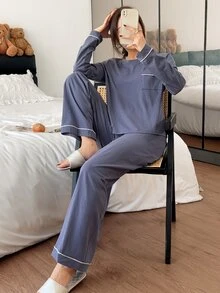 Napfluff طقم بيجامة نسائي من القطن 100% محبوك مريح بتصميم حواف وأكمام طويلة - أزرق بحري - مشاهدة 6