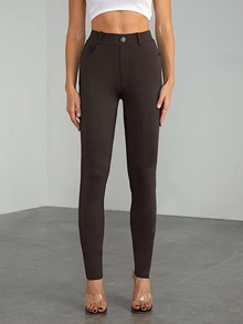 SHEIN Tall 女款純色高腰口袋修身休閒長褲 - 棕色 - 查看 4