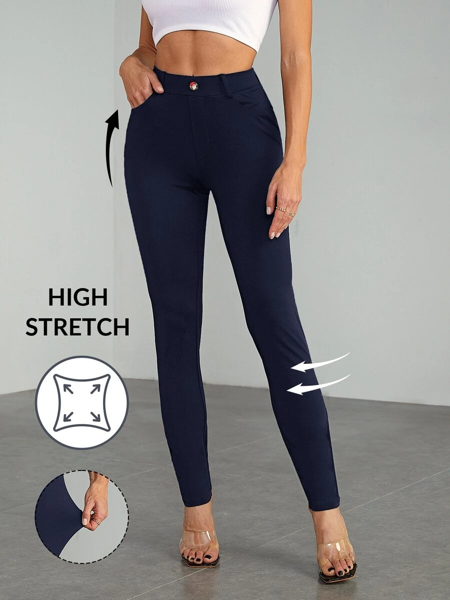 SHEIN Tall 女款休閒極簡純色高腰修身長褲 - 藏蓝色 - 查看 1