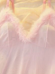 DelicateAllure Plus Size Women Solid Color Patchwork Fur Sexy Camisole Nightgown - Pink - View 3