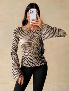 SHEIN Tall Women's Casual Zebra Print Mesh Bell Sleeve Fitted Top, Elegant Autumn/Winter Outfit - Khaki - View 7