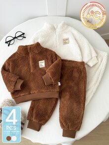 SHEIN 4件組幼童男孩運動衫長褲套裝，可愛棕色白色毛茸茸抓絨半拉鍊長袖立領加厚戶外秋冬保暖慢跑絨毛套裝 - 棕色 - 查看 3