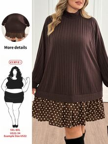 SHEIN CURVE+ فستان نسائي مقاس كبير برقبة عالية محبوك مضلع مع رقعة بنقاط بولكا بني، فستان فضفاض مريح للخريف/الشتاء، مناسب للمقاسات 5XL-8XL - بني - مشاهدة 1