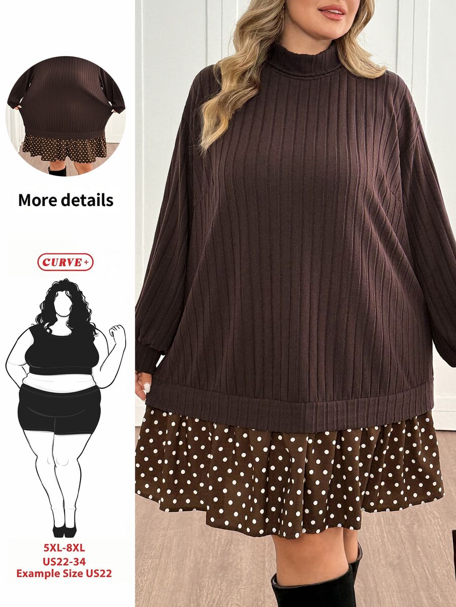 SHEIN CURVE+ فستان نسائي مقاس كبير برقبة عالية محبوك مضلع مع رقعة بنقاط بولكا بني، فستان فضفاض مريح للخريف/الشتاء، مناسب للمقاسات 5XL-8XL - بني - مشاهدة 1