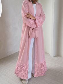 Yasmyna Women Spring Autumn Outfit Gentle Pink 3D Floral Beaded Open Abaya Elegant Flare Sleeve Maxi Cardigan For Family Gathering Engagement Wedding Guest - Pink - View 7