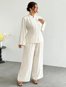 Firerie Plus Size Vintage Frog Button Long Sleeve Shirt And Loose Pants 2 Pieces Set - Beige - View 3