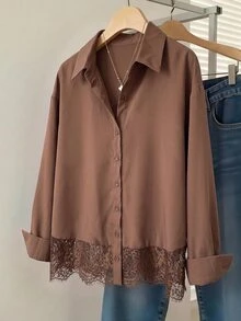 Muvela 女款純色蕾絲飾邊襯衫，適合約會、度假、派對、日常穿著、聚會、戶外活動 - 棕色 - 查看 1