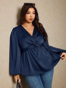 Elaquor 大尺碼純色扭結V領優雅通勤長袖襯衫 春秋款 - 藏蓝色 - 查看 6