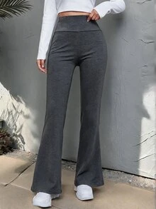 SHEIN EZwear 女款純色高腰休閒百搭喇叭褲 - 深灰色 - 查看 6