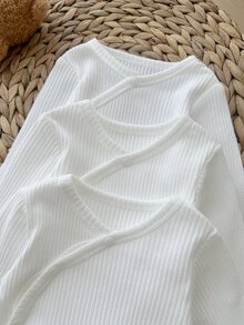 SHEIN 3件裝新生兒嬰兒女寶男寶連身衣連身褲 可愛甜美白色羅紋針織側開扣純色長袖V領輕便舒適夏季度假嬰兒服 - 白色 - 查看 6