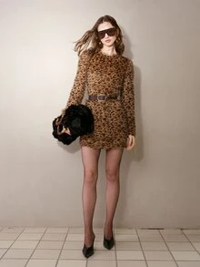 MOTF PREMIUM LEOPARD PRINT FEATHER TASSEL BODYCON DRESS - Khaki - View 4