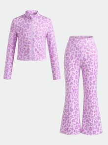 SHEIN 女童 1件豹紋印花對比滾邊夾克外套與 1件喇叭褲套裝 - 紫色 - 查看 5