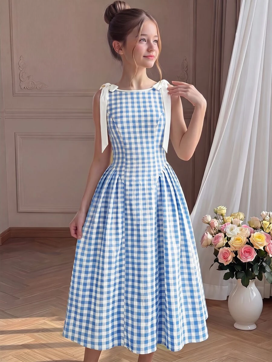 SHEIN Pitira 少女綠色格紋夏季保守野餐洋裝,鄉村風白色蝴蝶結腰部休閒優雅時尚畢業典禮派對度假童裝 - 藍色 - 查看 1