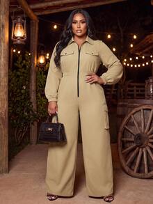 Slaydiva Plus Size Functional Style Cargo Jumpsuit, Long Sleeve Front Zipper Multi-Pocket Loose Streetwear One-Piece - Khaki - Khaki - View 10