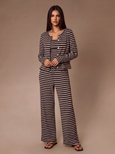 Lazeform Women's Casual Striped Cardigan + Camisole Long Pants Pajama Set