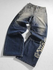 ROMWE MEN Street Life Men's Wide Leg Jeans With Pocket, Letter Pattern, Gradient Color And Distressed Wash - Blue - View 1