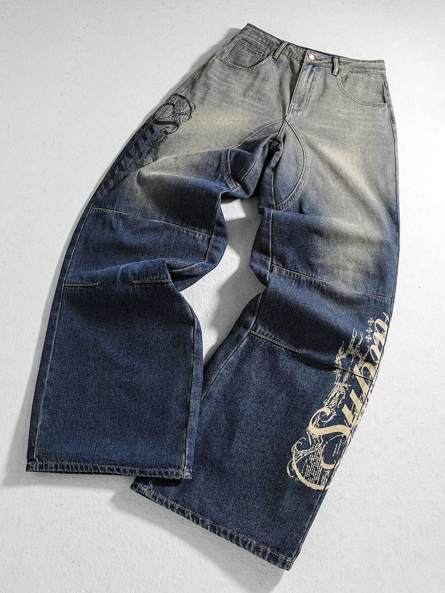 ROMWE MEN Street Life Men's Wide Leg Jeans With Pocket, Letter Pattern, Gradient Color And Distressed Wash - Blue - View 1